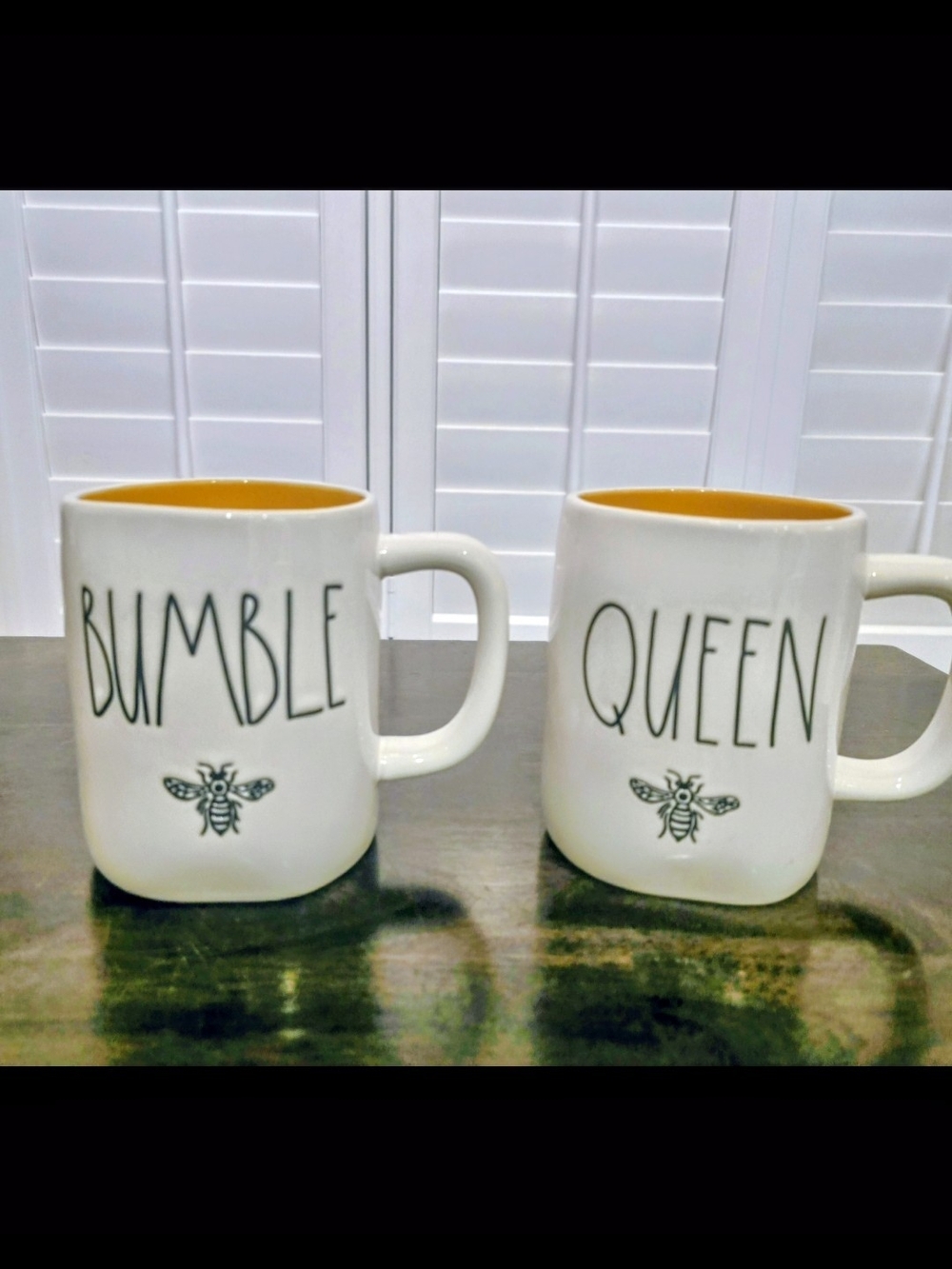 Rae Dunn Bumble & Queen Mugs - White Exterior with Yellow Interior